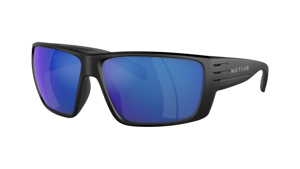 Native Eyewear Griz Matte Black sunglasses with blue reflex polarized lenses (quarter view)