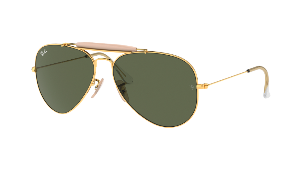 Ray-Ban RB3029 Outdoorsman ll Gold 62 Eyesize sunglasses with crystal green lenses (quarter view)