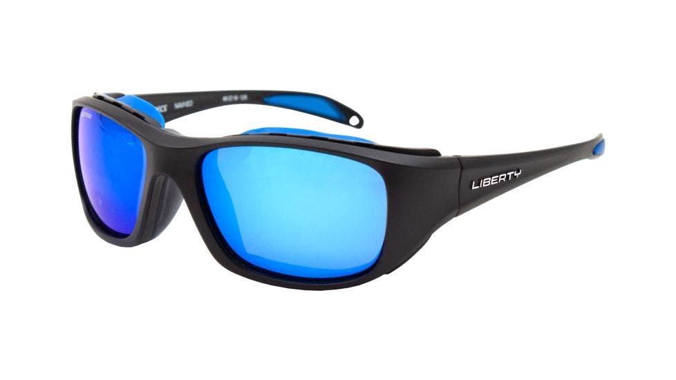 Rec Specs Navigator H2O Matte Black 60 Eyesize sunglasses with h2o blue mirror lenses (quarter view)