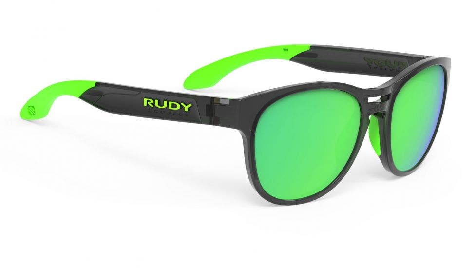 Rudy Project Spinair 56 Crystal Graphite sunglasses with polarized 3fx hdr multilaser green lenses (quarter view)