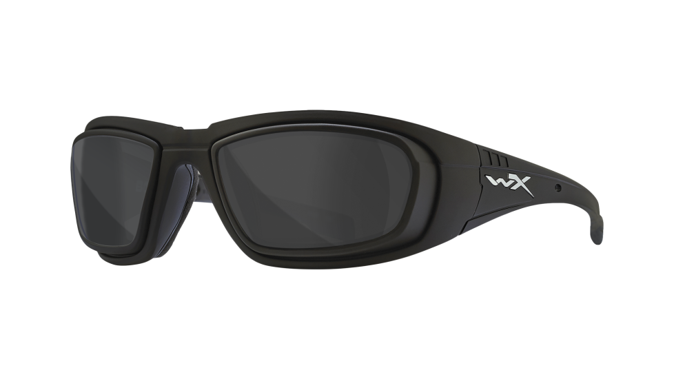 Wiley X Boss Matte Black + RX Adaptor sunglasses with smoke grey lenses (quarter view)